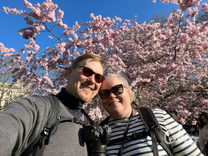 Happy couple in front of cherry blossoms and clear blue sky, London England